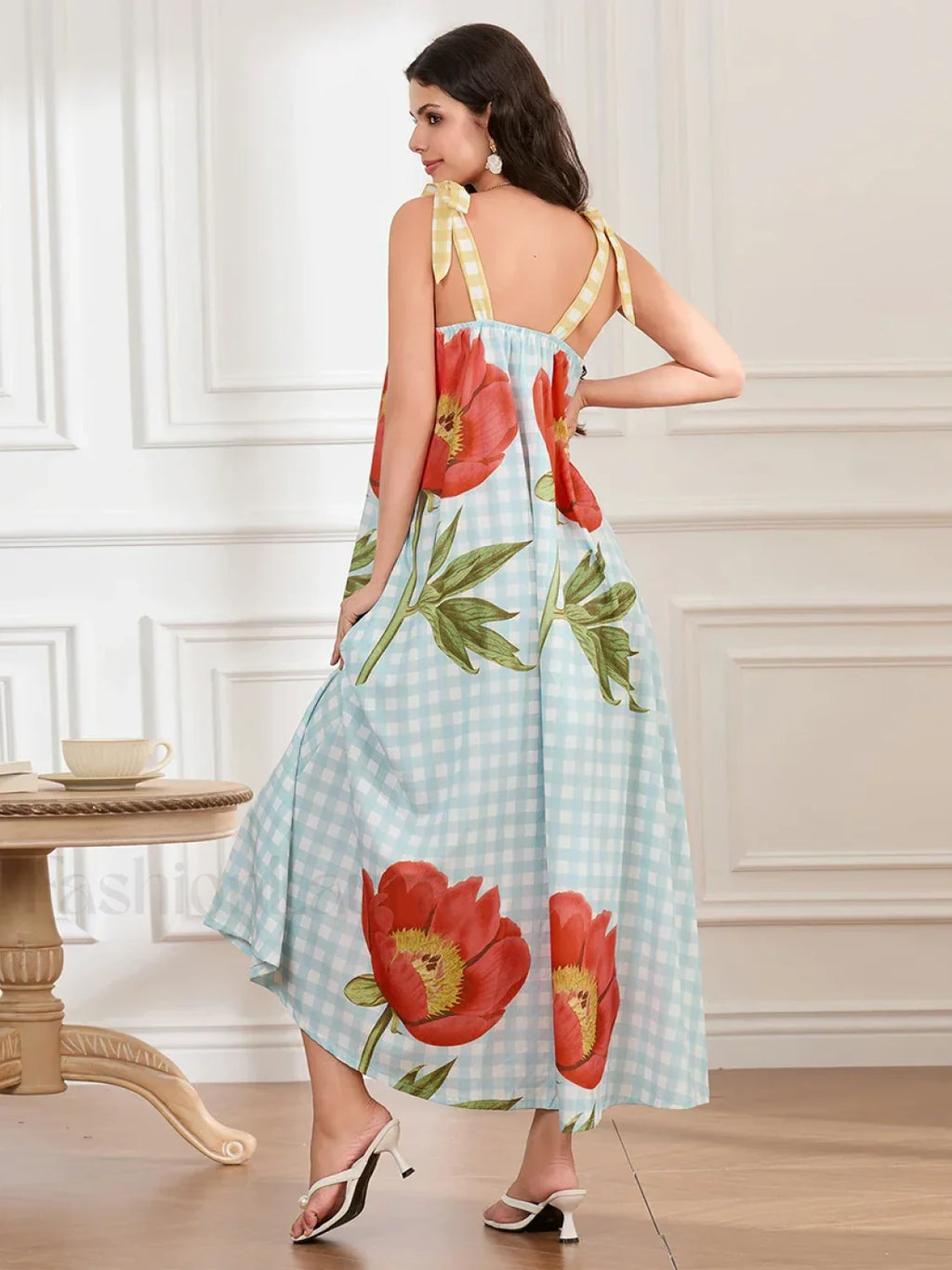Plaid Flower Loose Tank Maxi Dress