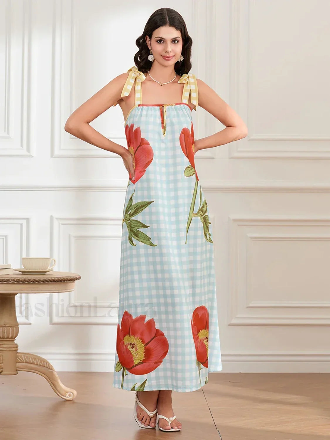 Plaid Flower Loose Tank Maxi Dress Secondary image