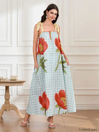 Plaid Flower Loose Tank Maxi Dress green / S