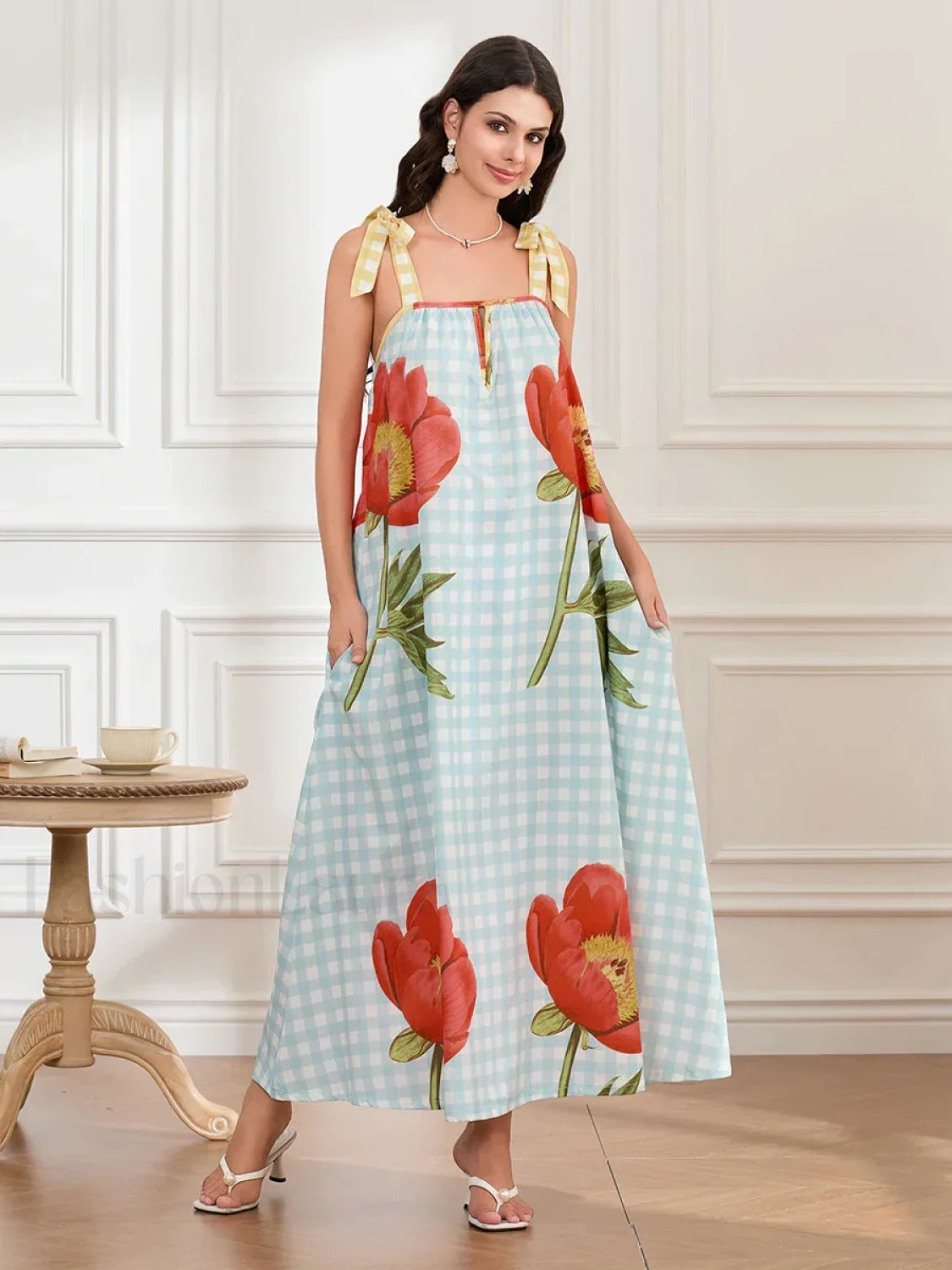 Plaid Flower Loose Tank Maxi Dress green / S Main image