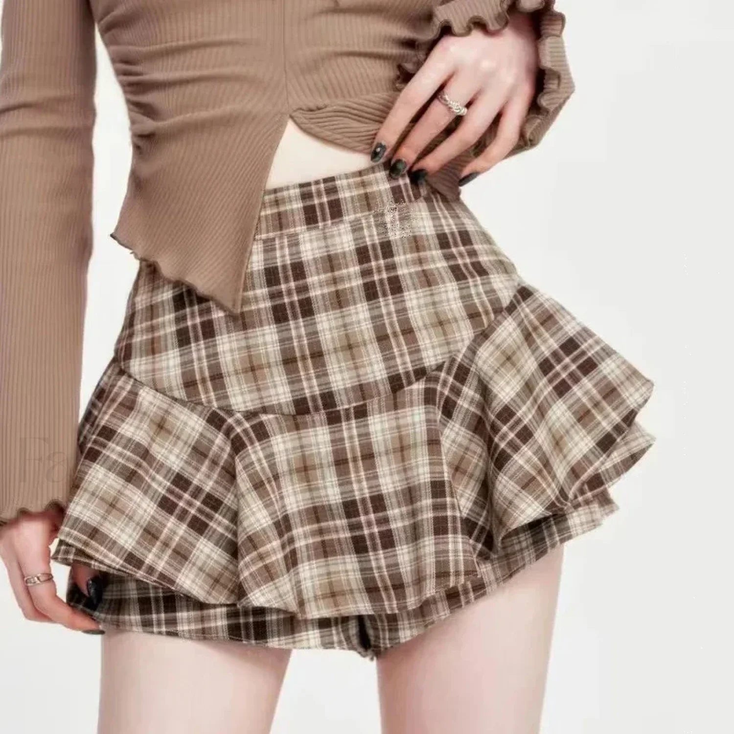 Plaid Frill Detail Skirt BROWN / S Main image