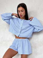 Plaid O Neck Long Sleeve Shorts Two Piece Set
