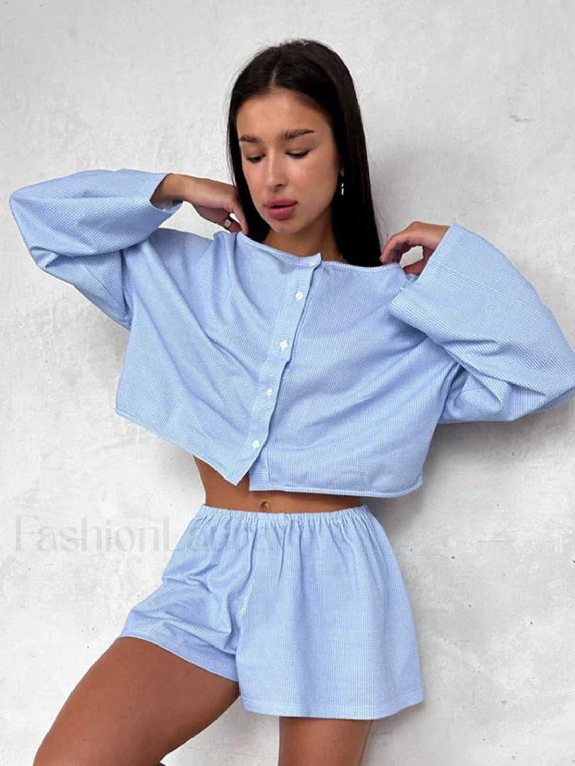 Plaid O Neck Long Sleeve Shorts Two Piece Set
