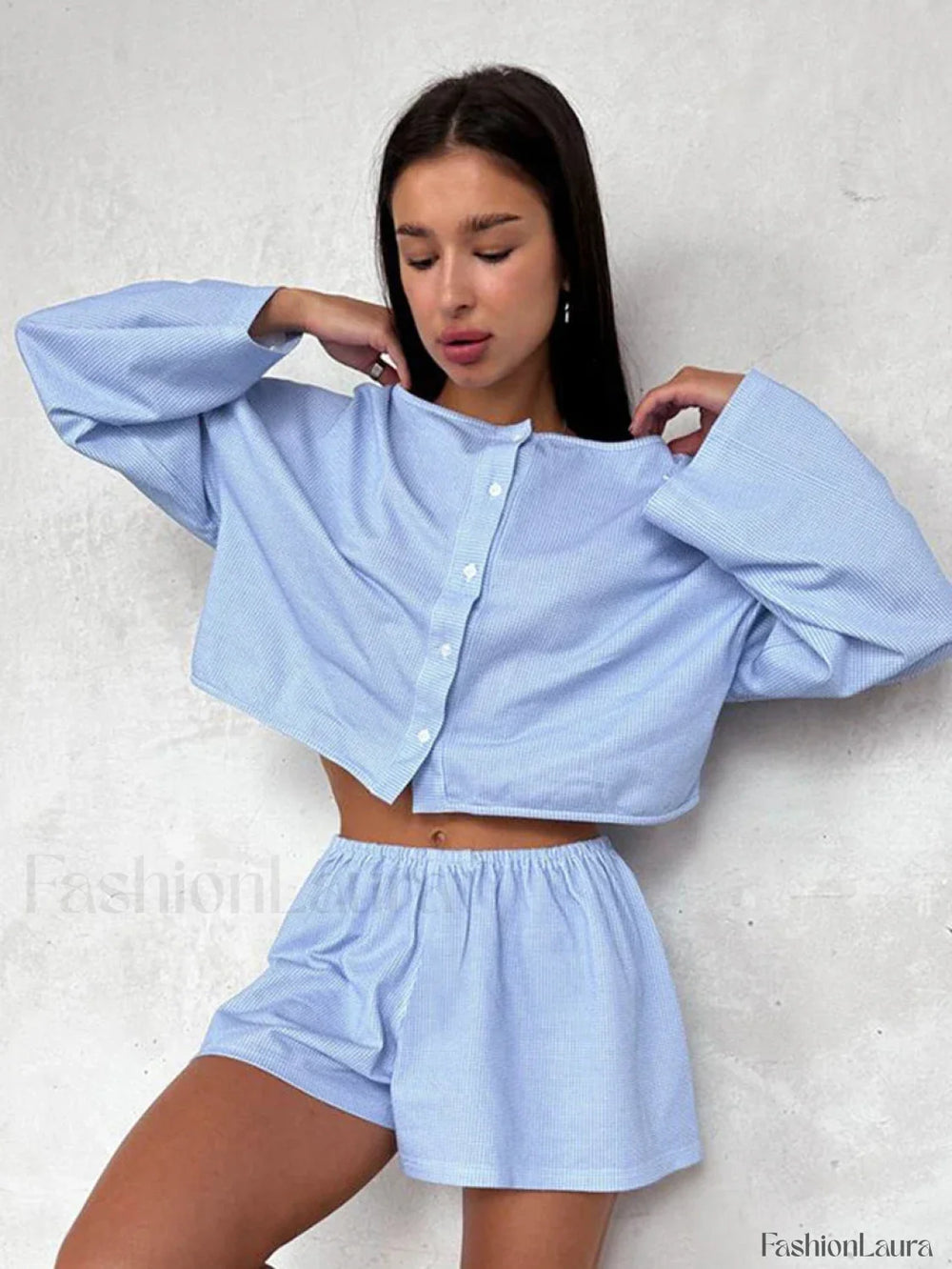 Plaid O Neck Long Sleeve Shorts Two Piece Set