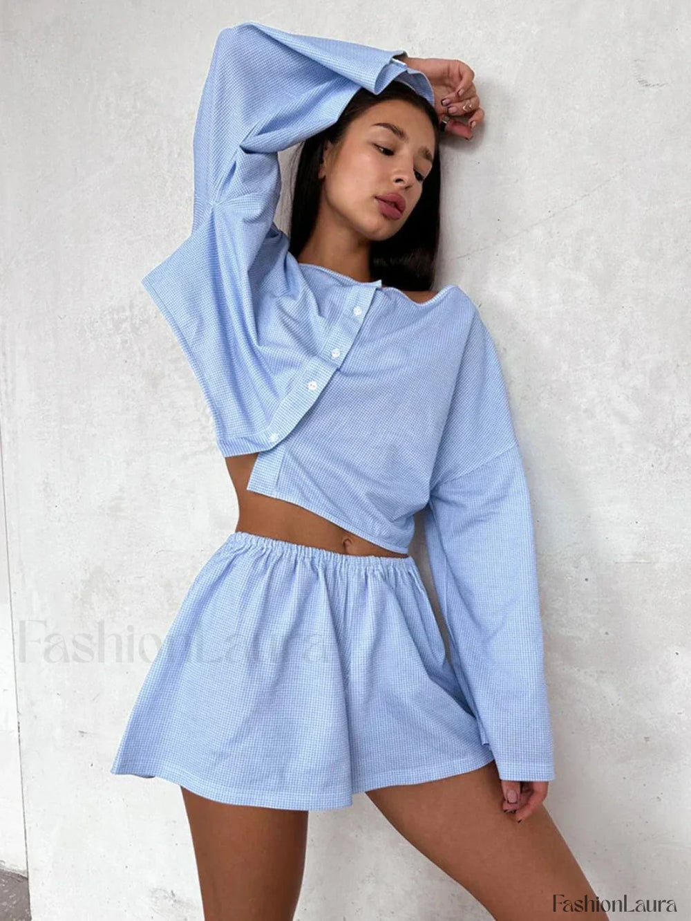 Plaid O Neck Long Sleeve Shorts Two Piece Set Blue / S