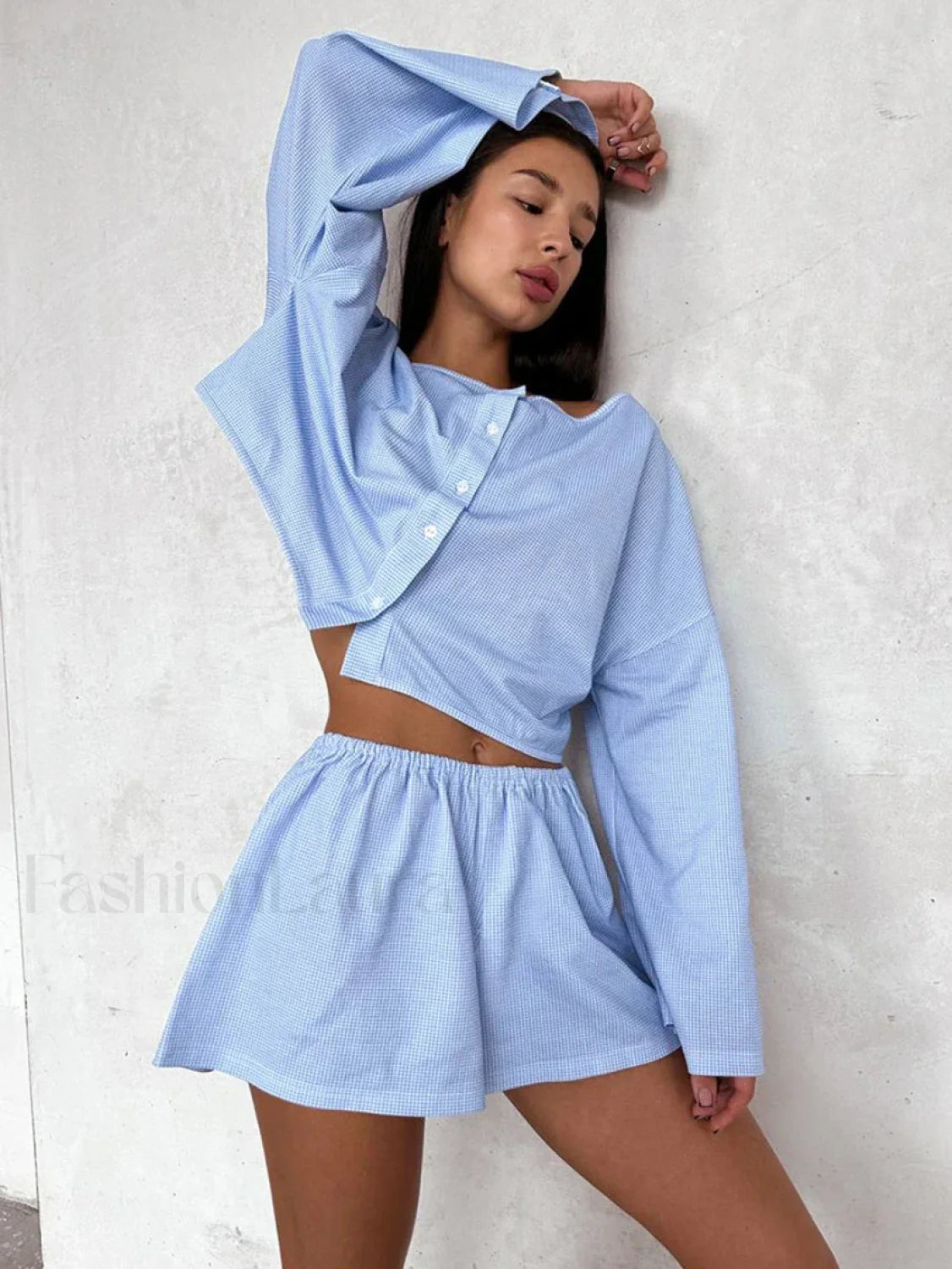 Plaid O Neck Long Sleeve Shorts Two Piece Set Blue / S Main image