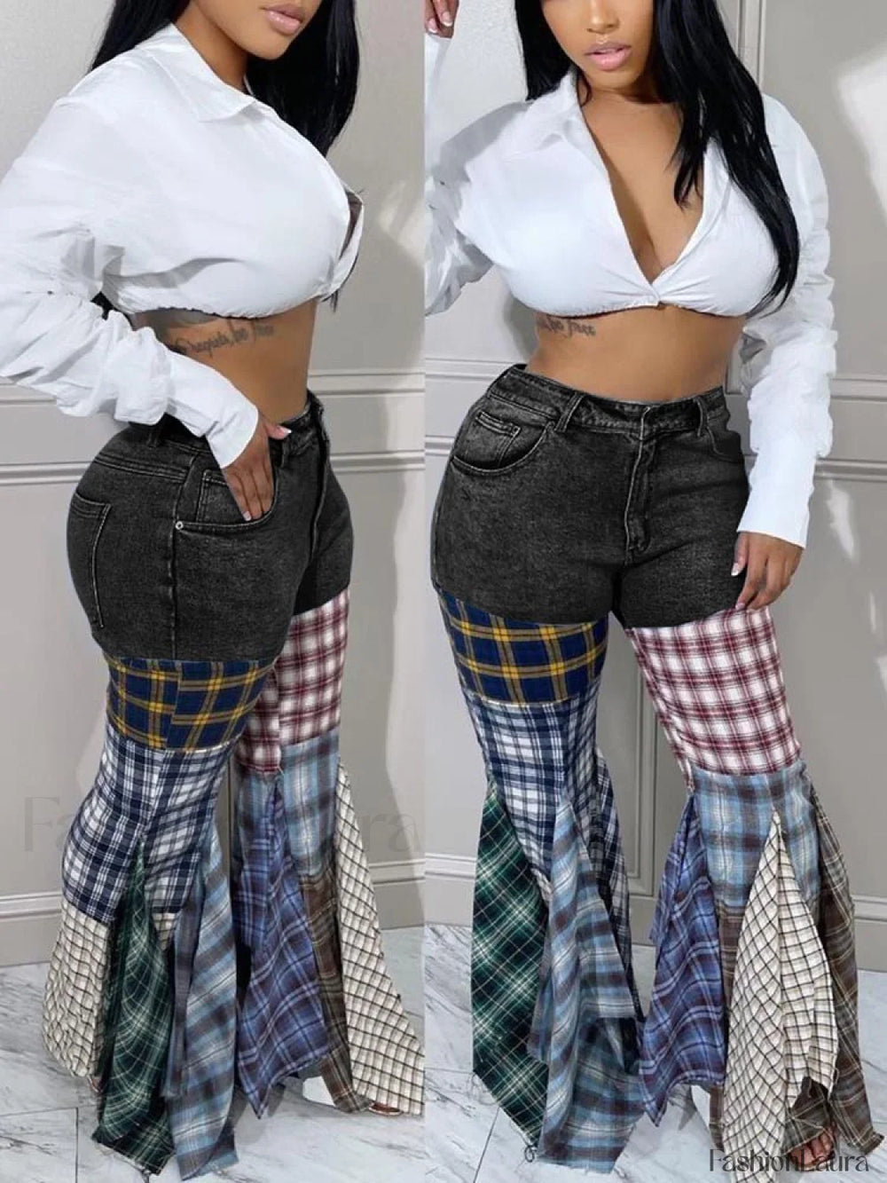 Plaid Patchwork Denim Jeans Black / S Jeans