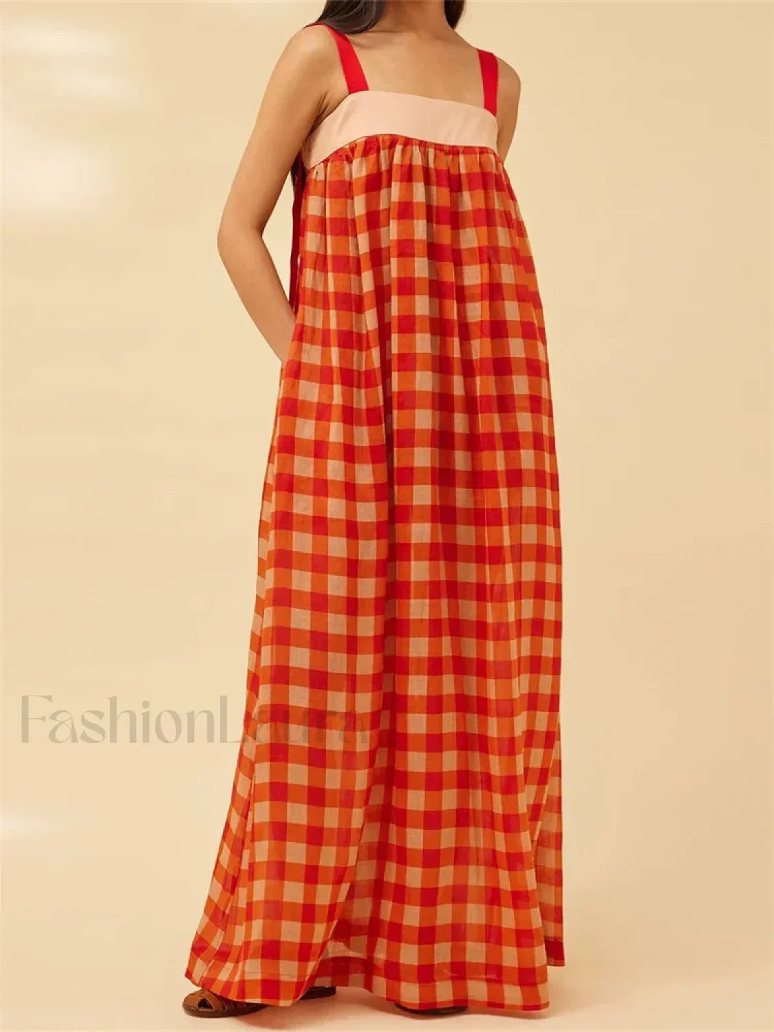 Plaid Patchwork Loose Maxi Dress red / S Main image