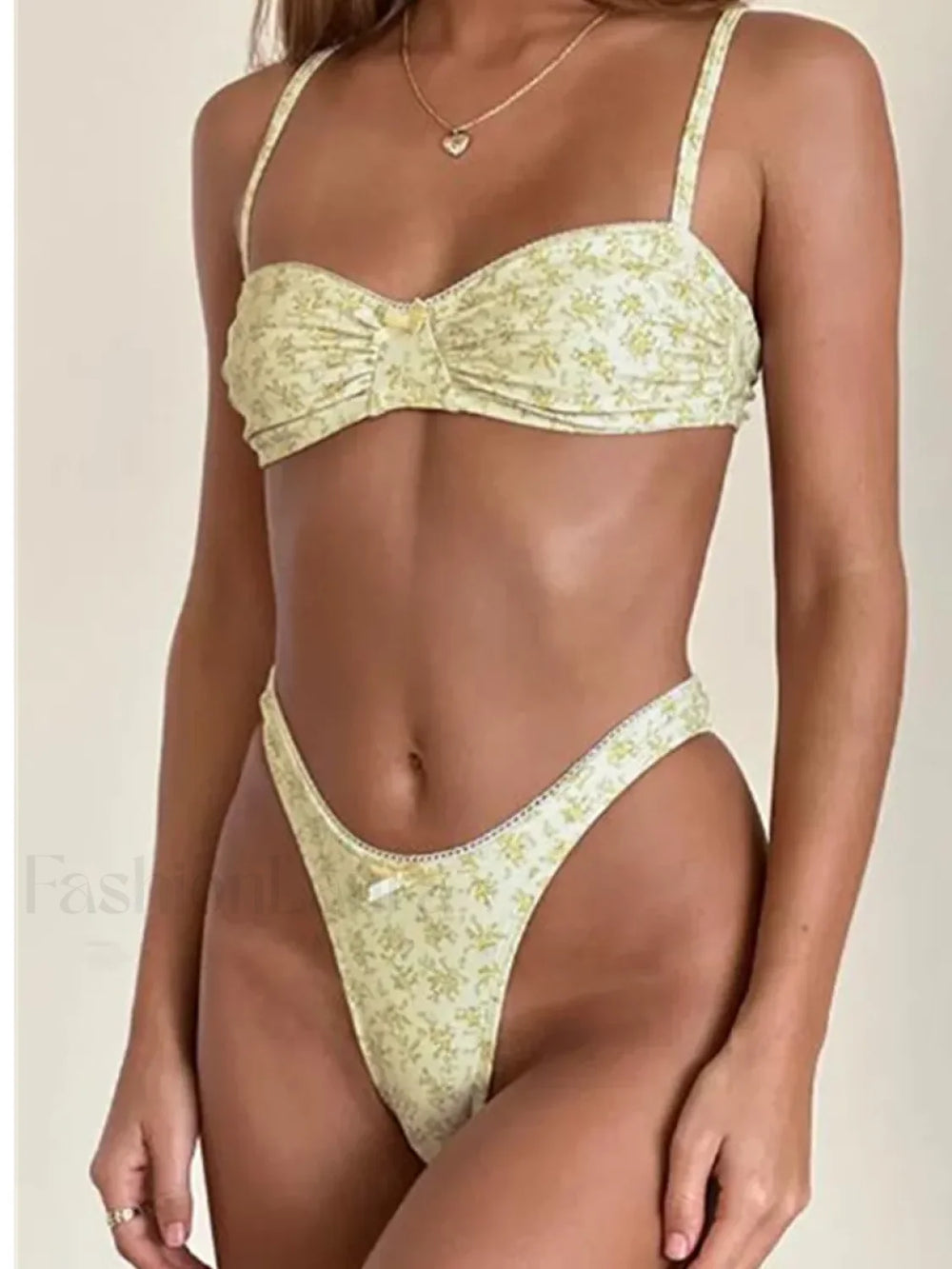 Plaid Ring Tie Brazilian Bikini Set Yellow / S