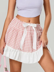 Plaid Ruffled Beach Mini Skirt RED / S