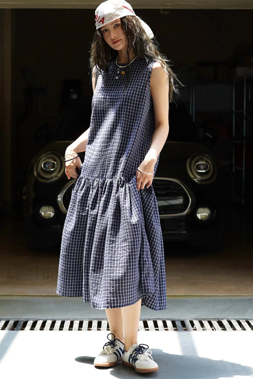 Plaid Sleeveless Loose Waist A Line Maxi Dress Navy blue / S Main image