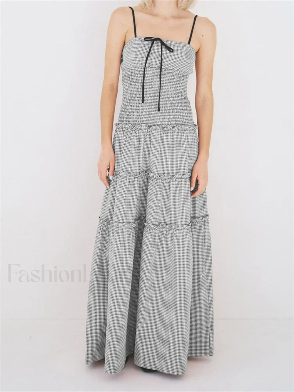 Plaid Square Neck Ruffle Maxi Dress black / S