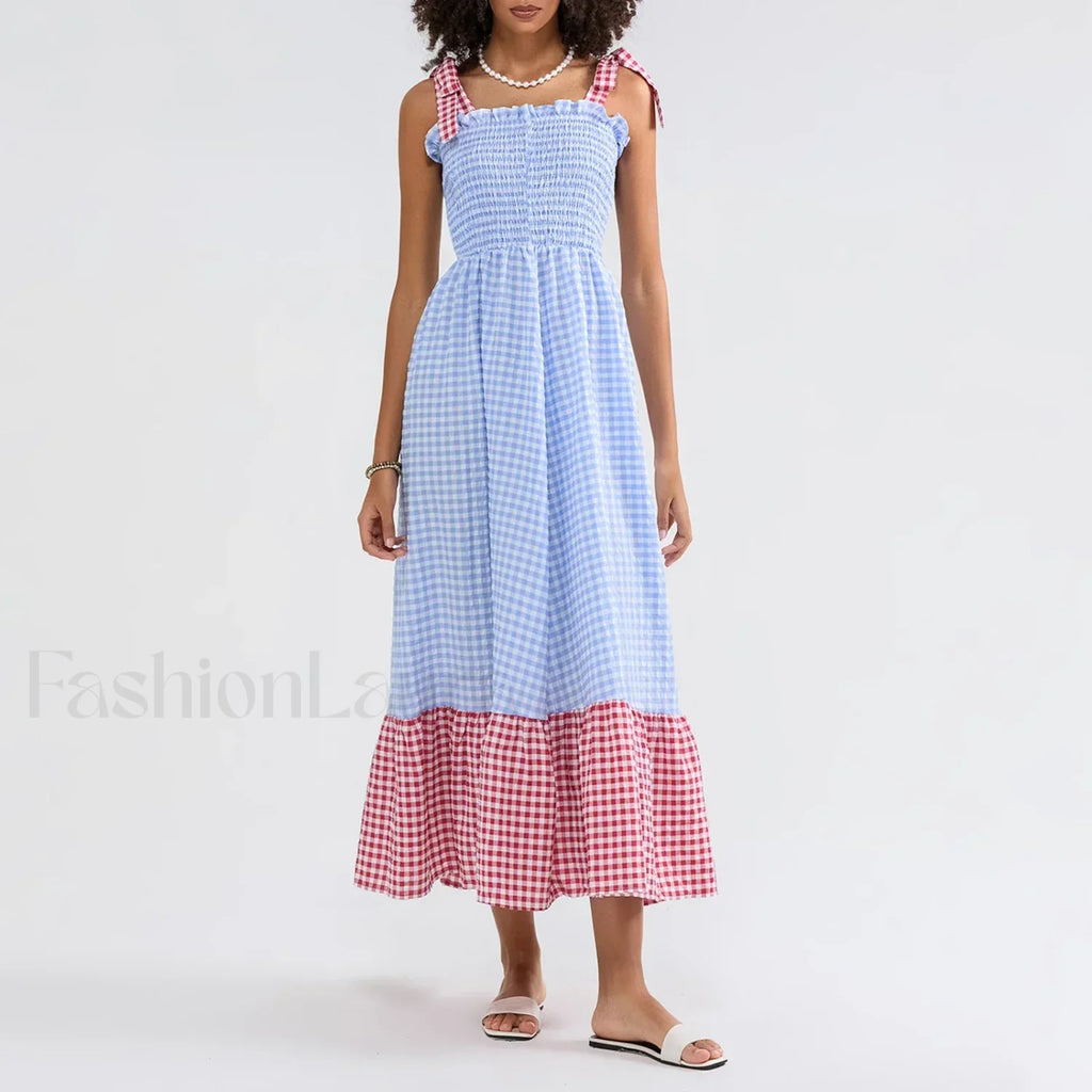 Plaid Tie Strap Swing Maxi Dress Blue / S