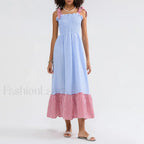 Plaid Tie Strap Swing Maxi Dress Blue / S