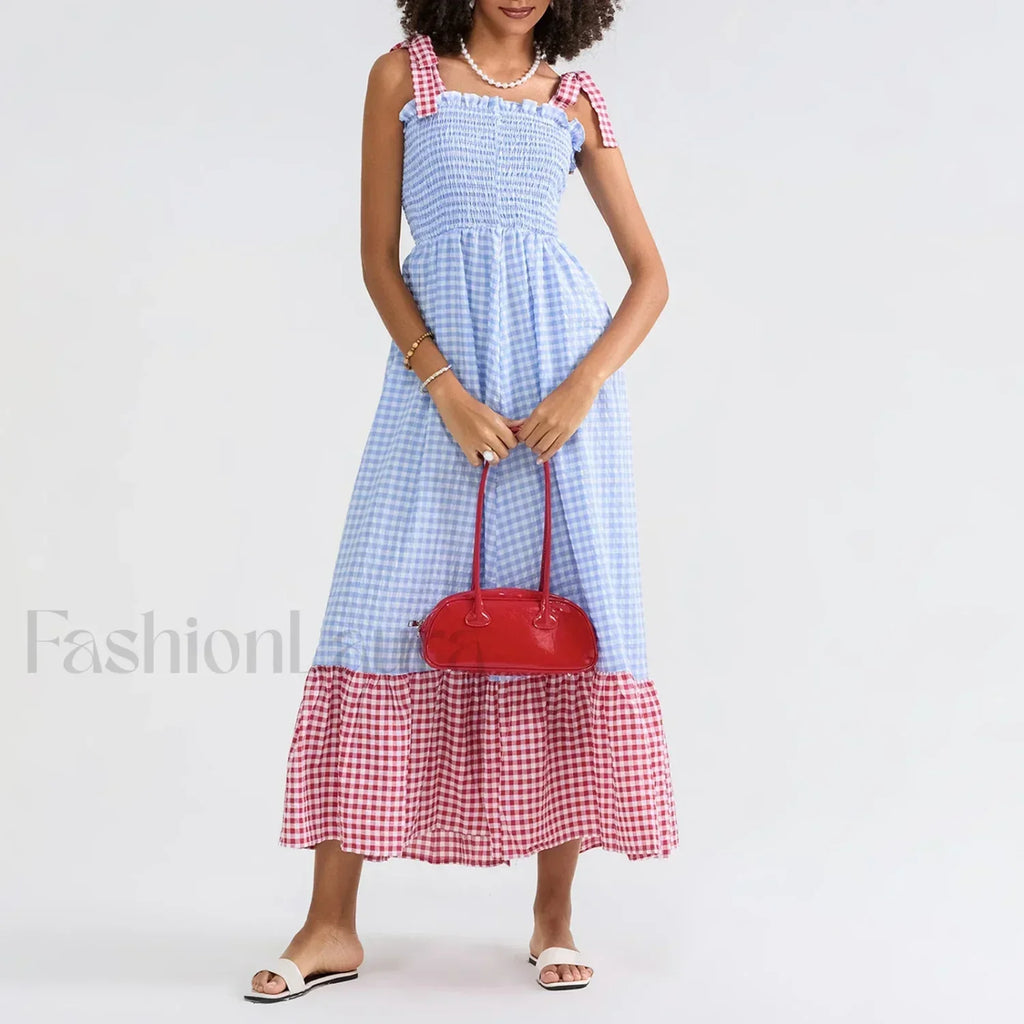 Plaid Tie Strap Swing Maxi Dress