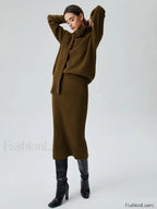 Plain Knit Two Piece Modern Skirt Set with Matching Scarf Mustard / XS Sweaters L