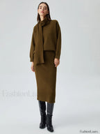Plain Knit Two Piece Modern Skirt Set with Matching Scarf Sweaters L