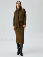 Plain Knit Two Piece Modern Skirt Set with Matching Scarf Sweaters L