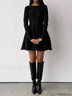 Plain Pleated Sweater Short Dress Black / XS Sweater Dresses