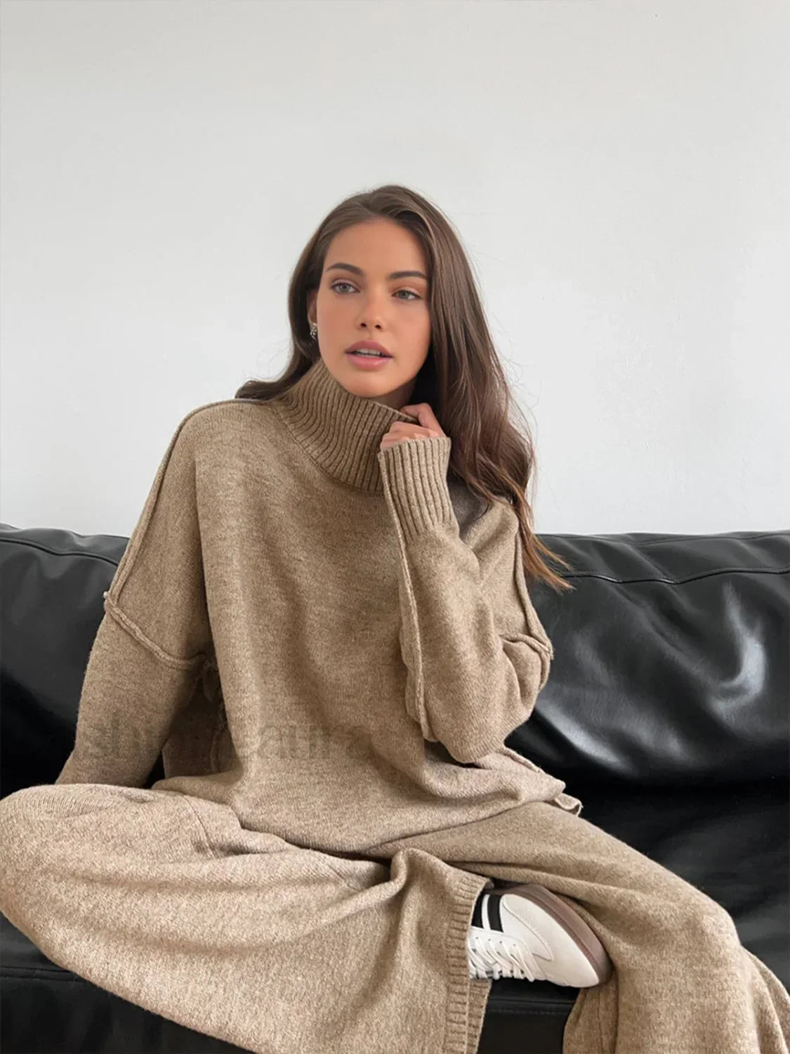 Plain Turtleneck Knit Pants Set Camel / XS Pant Sets Main image