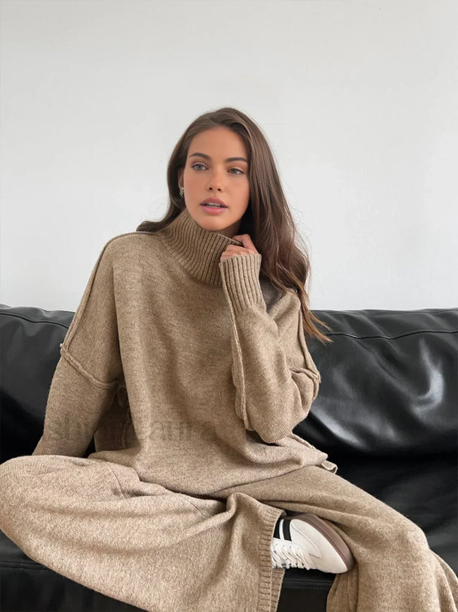 Plain Turtleneck Knit Pants Set Camel / XS Pant Sets Main image