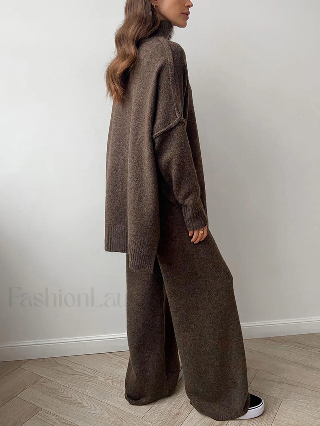 Plain Turtleneck Knit Pants Set Dark Brown / XS Pant Sets