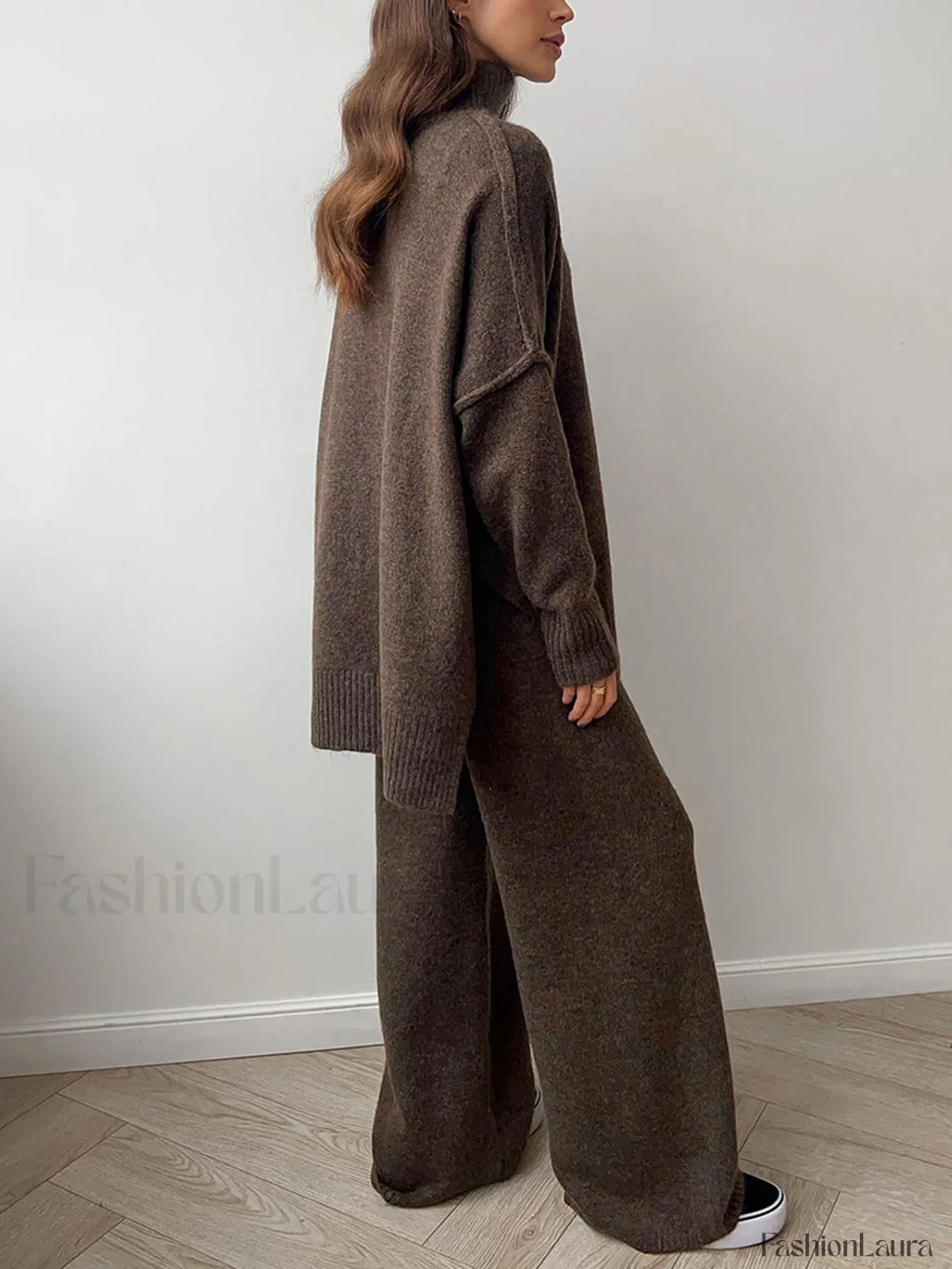 Plain Turtleneck Knit Pants Set Dark Brown / XS Pant Sets