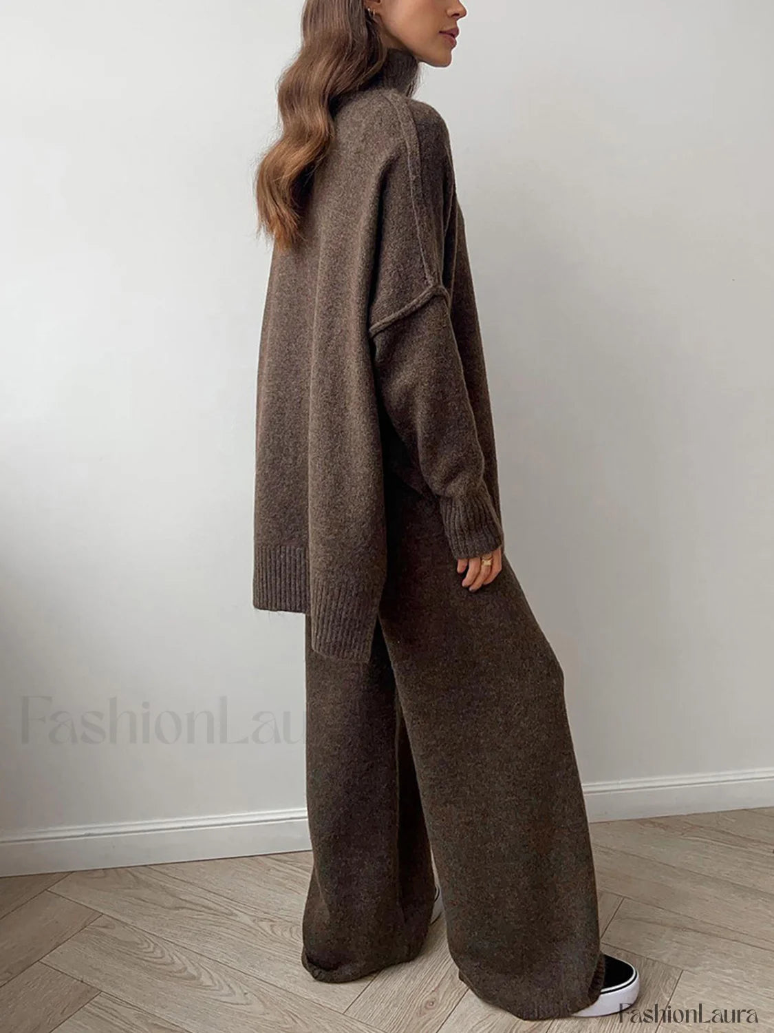Plain Turtleneck Knit Pants Set Dark Brown / XS Pant Sets
