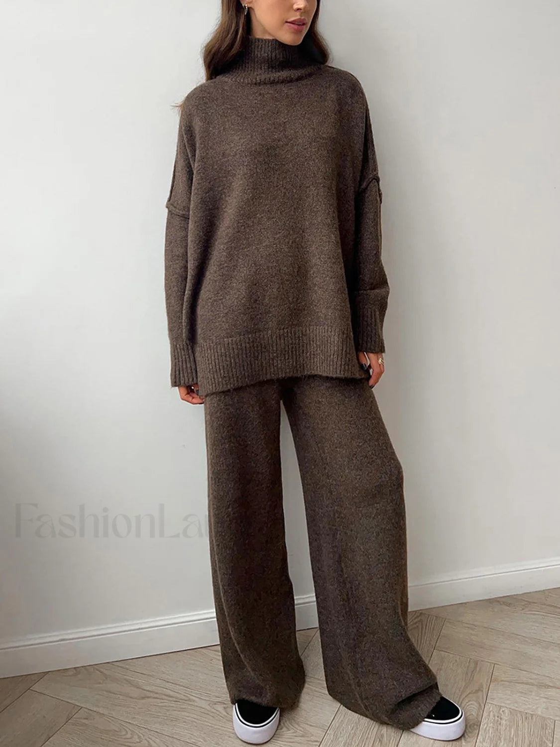 Plain Turtleneck Knit Pants Set Pant Sets