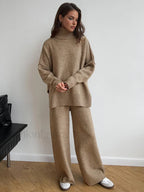 Plain Turtleneck Knit Pants Set Pant Sets