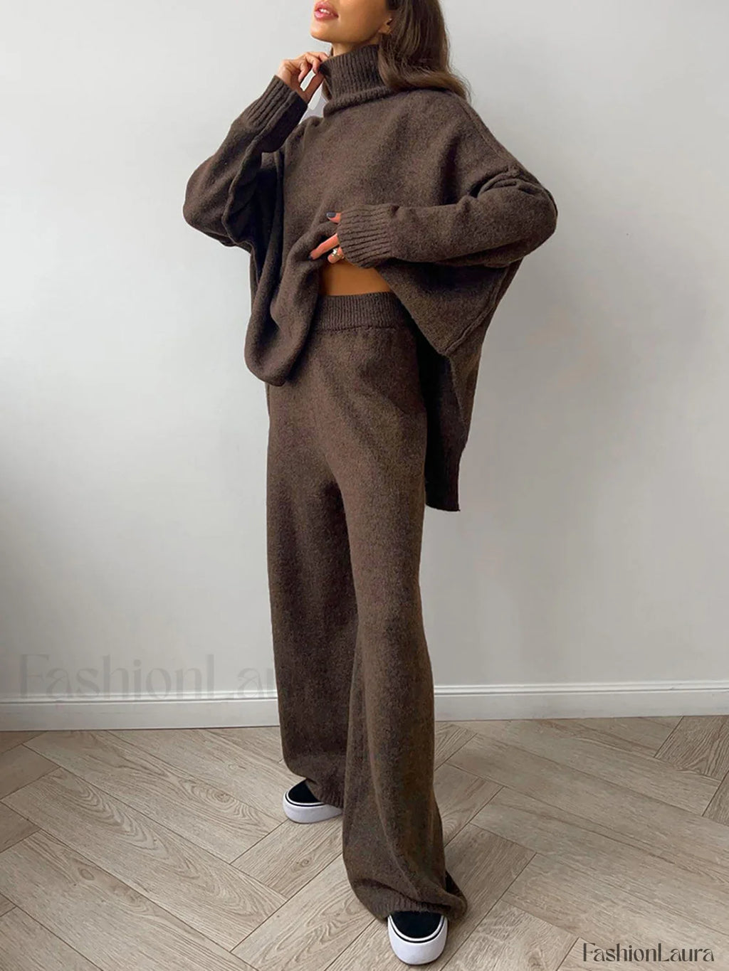 Plain Turtleneck Knit Pants Set Pant Sets