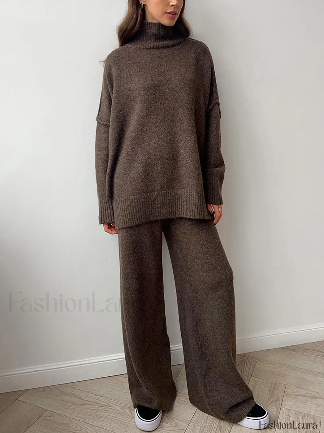 Plain Turtleneck Knit Pants Set Pant Sets