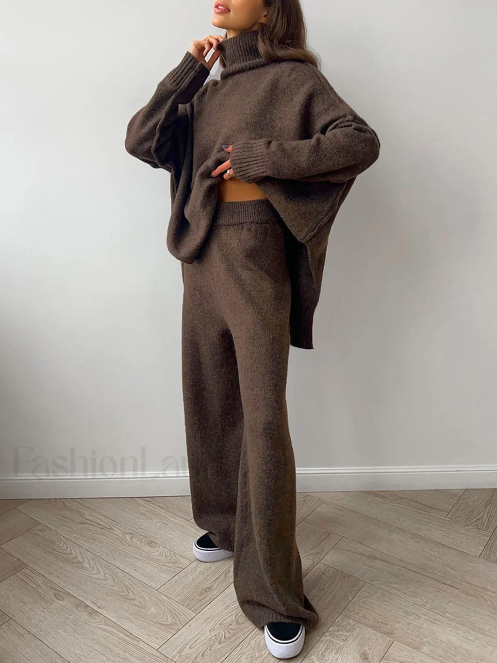 Plain Turtleneck Knit Pants Set Pant Sets
