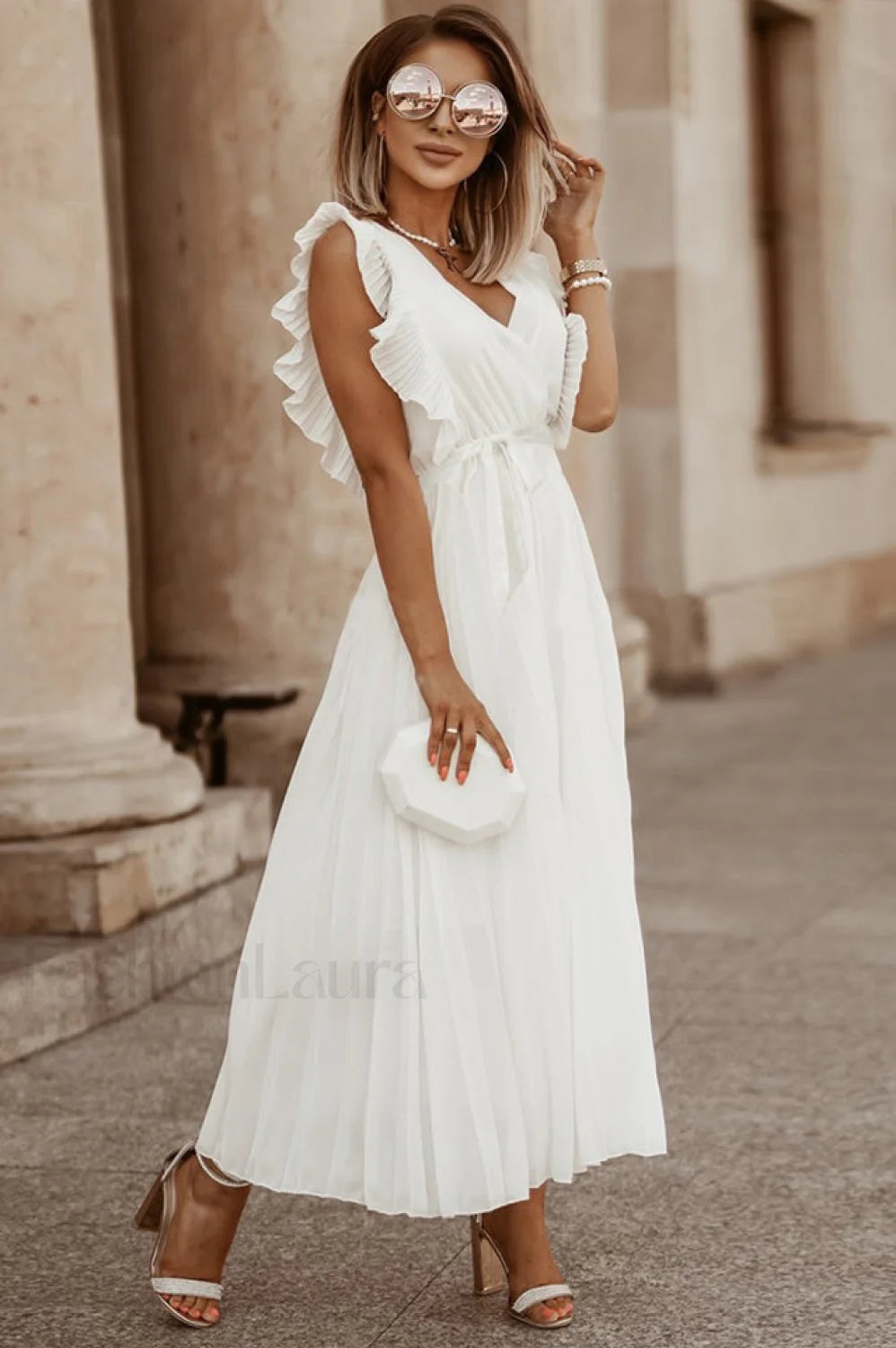 Pleated Elegant Maxi Dress S / White