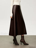 Pleated Faux Graceful Leather Midi Skirt Brown / XS Skirts