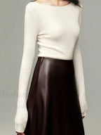 Pleated Faux Graceful Leather Midi Skirt Skirts
