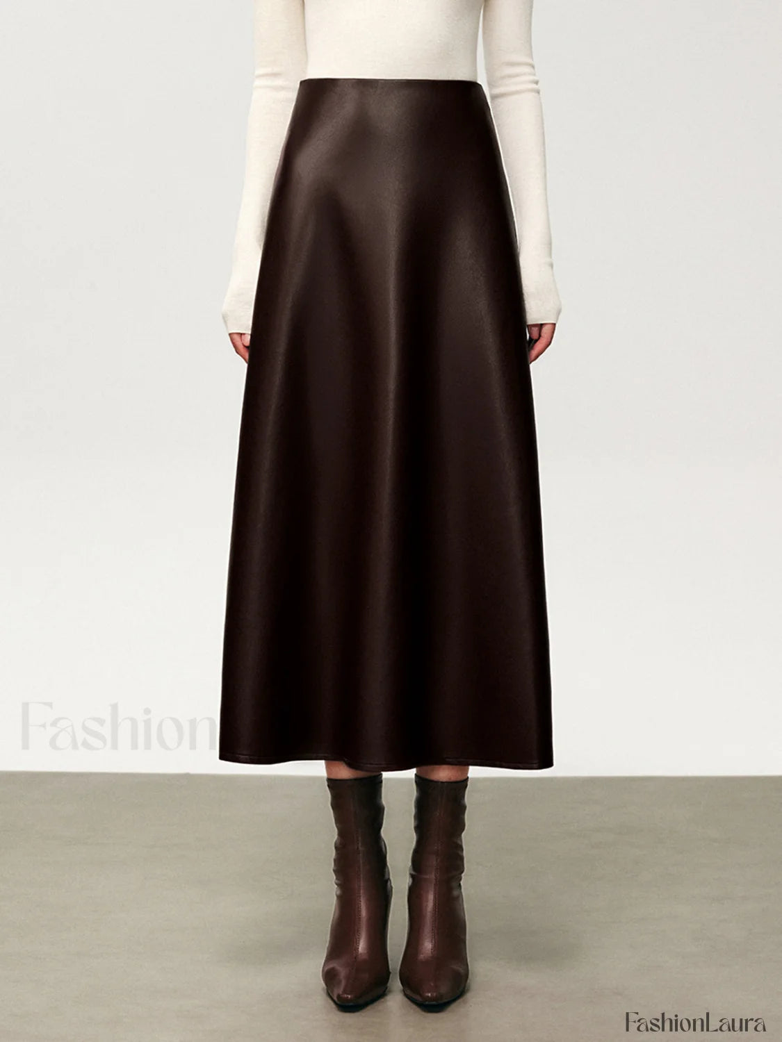 Pleated Faux Graceful Leather Midi Skirt Skirts