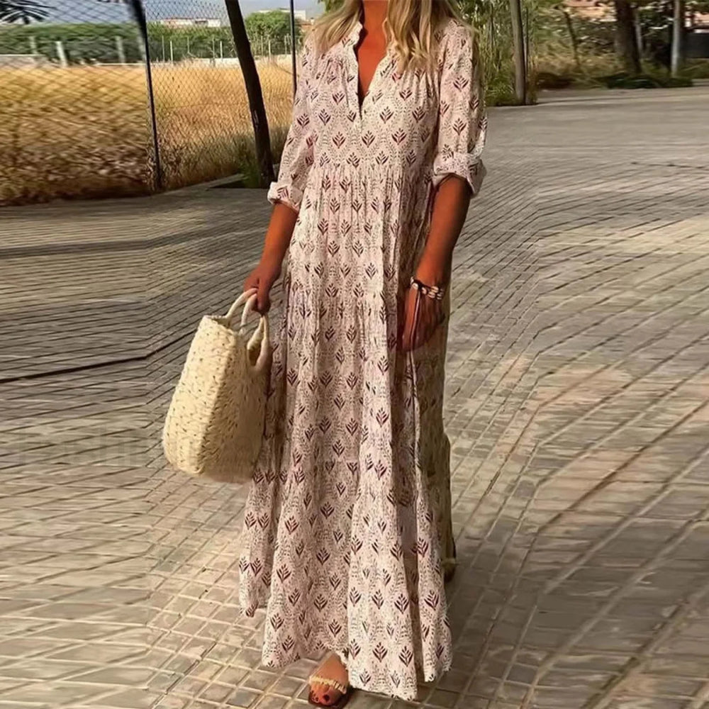 Pleated Floral Maxi Boho Dress