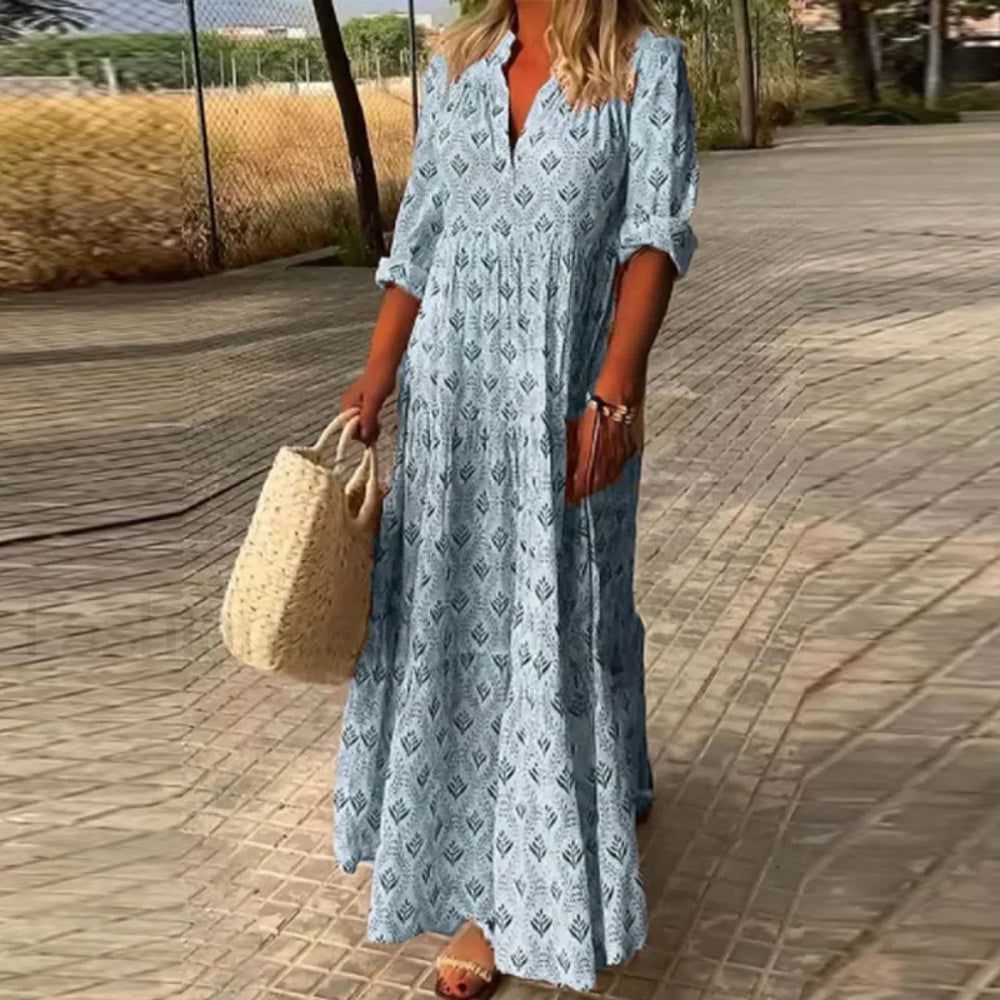 Pleated Floral Maxi Boho Dress