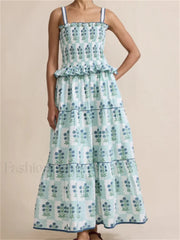 Pleated Floral Ruffle Strap Maxi Dress green / S