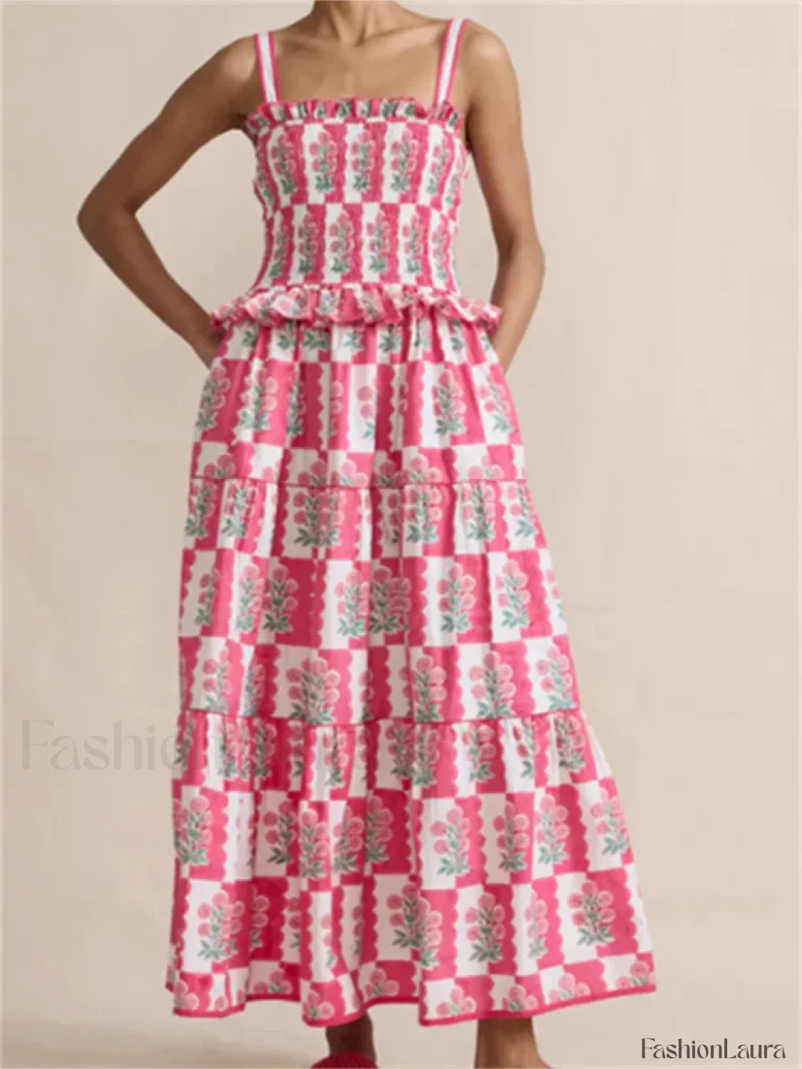 Pleated Floral Ruffle Strap Maxi Dress pink / S