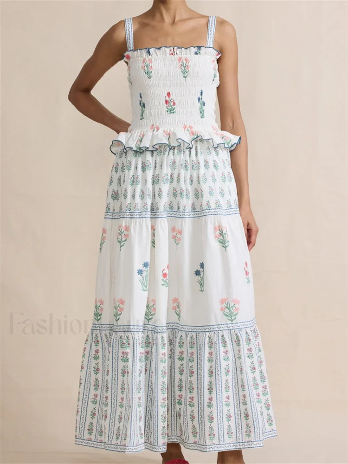 Pleated Floral Ruffle Strap Maxi Dress white / S Main image