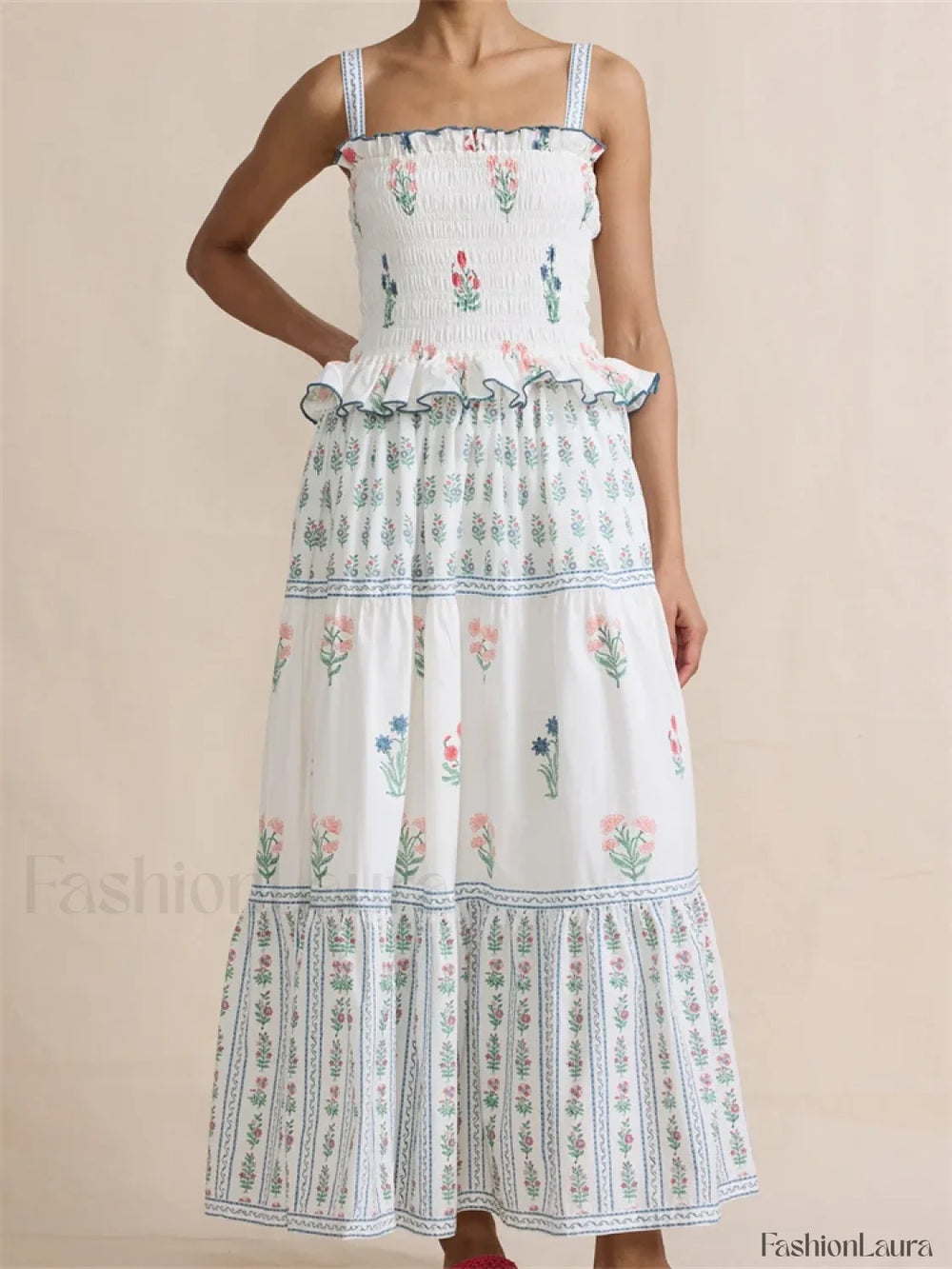 Pleated Floral Ruffle Strap Maxi Dress white / S