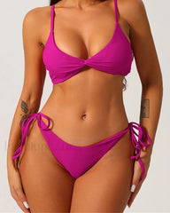 Pleated High Cut Bikini Set PURPLE / S