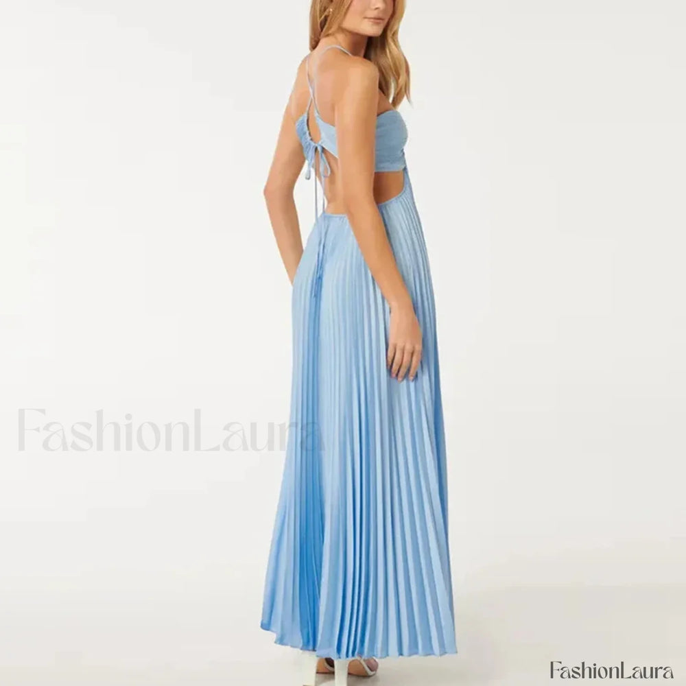 Pleated High Waist Halter Maxi Dress