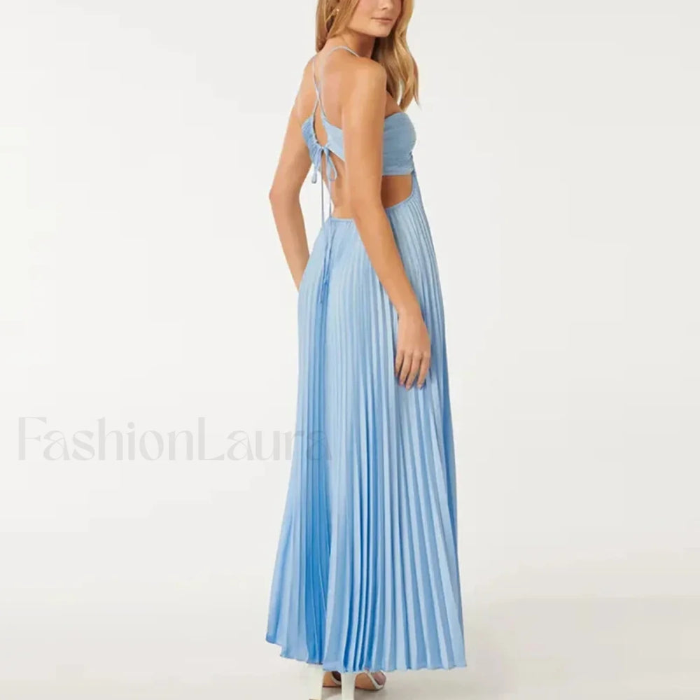 Pleated High Waist Halter Maxi Dress