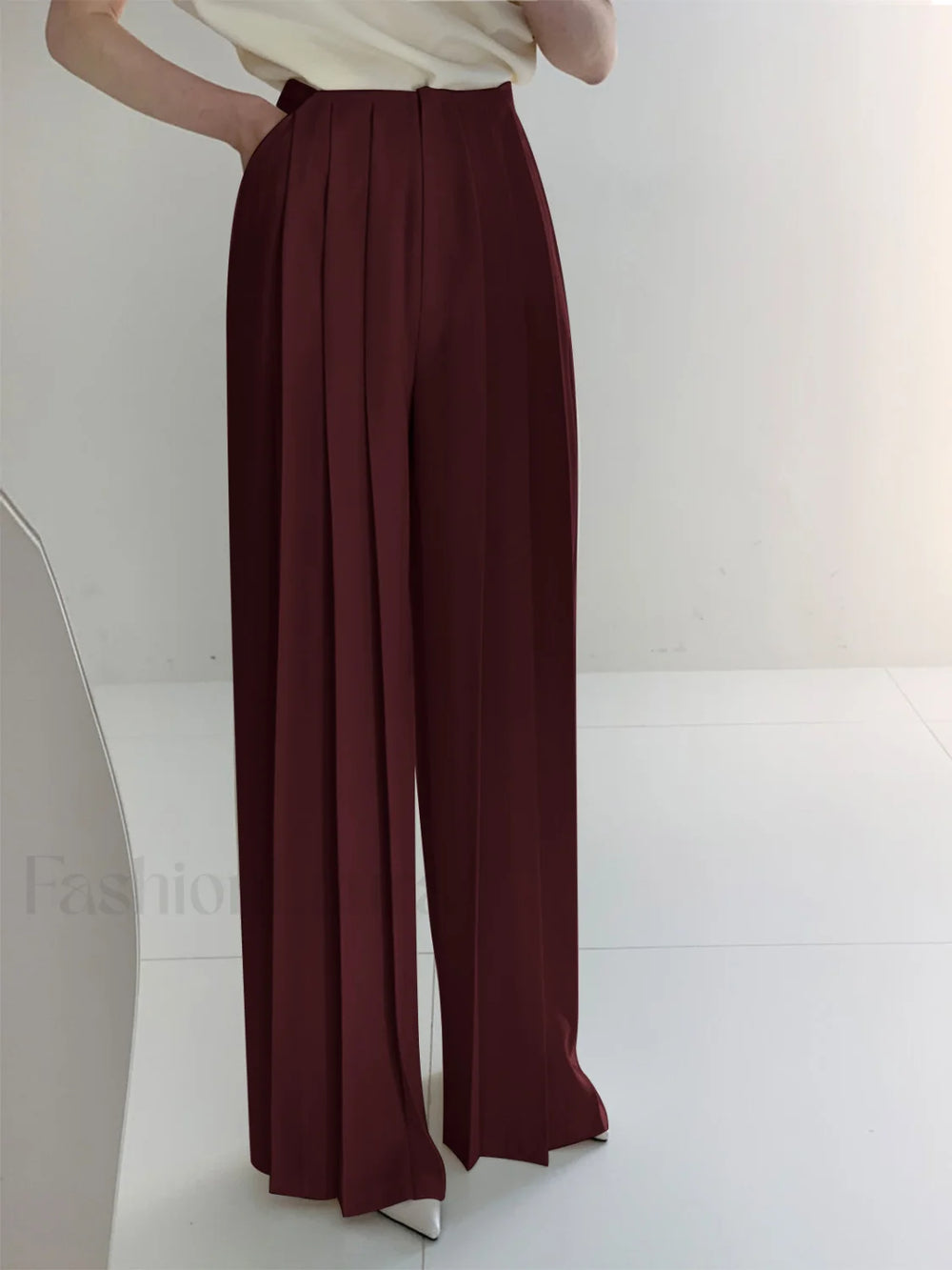 Pleated High Waist Wide Leg Pants Burgundy / XS Pants