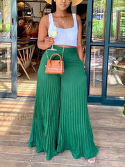 Pleated High Waist Wide Leg Pants Green / L Pants