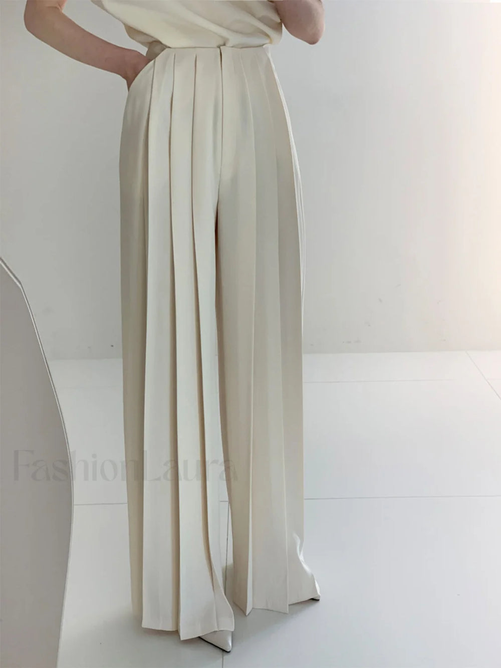 Pleated High Waist Wide Leg Pants White / XS Pants