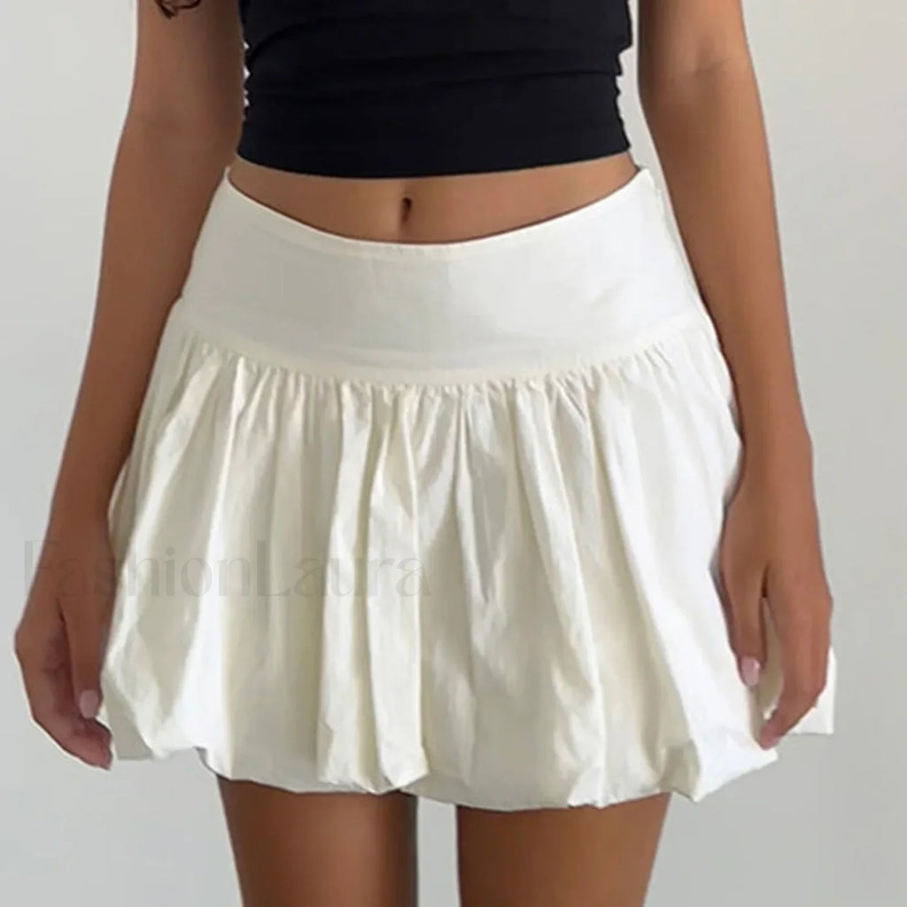 Pleated Lantern Ruffle Hem Skirt Beige / S